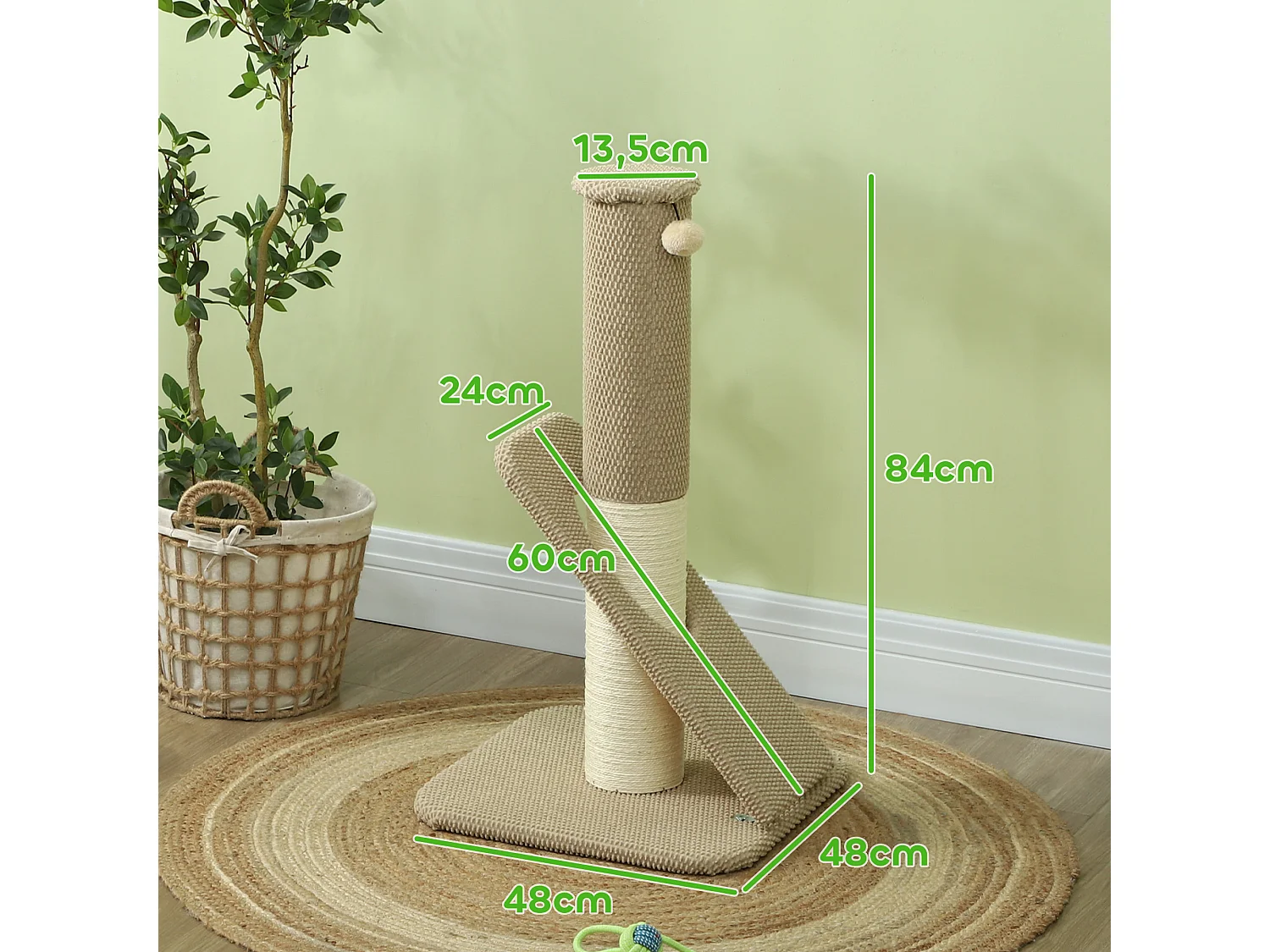 Griffoir chat taille M - Poteau à griffer H.84 cm, jeu boule - sisal naturel revêtement patchwork grain d'ananas beige