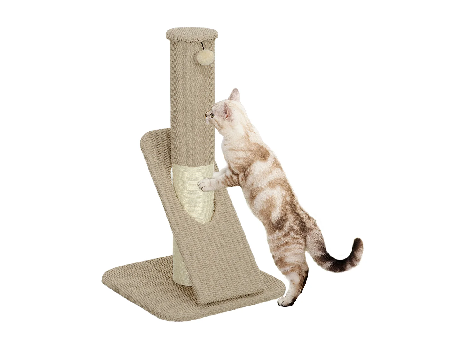 Griffoir chat taille M - Poteau à griffer H.84 cm, jeu boule - sisal naturel revêtement patchwork grain d'ananas beige