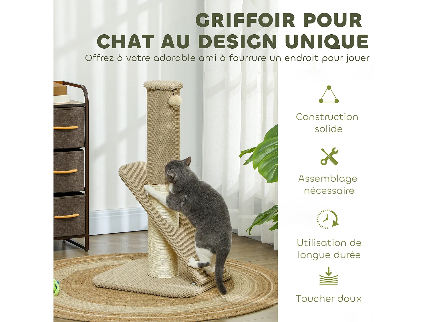 Griffoir chat taille M - Poteau à griffer H.84 cm, jeu boule - sisal naturel revêtement patchwork grain d'ananas beige