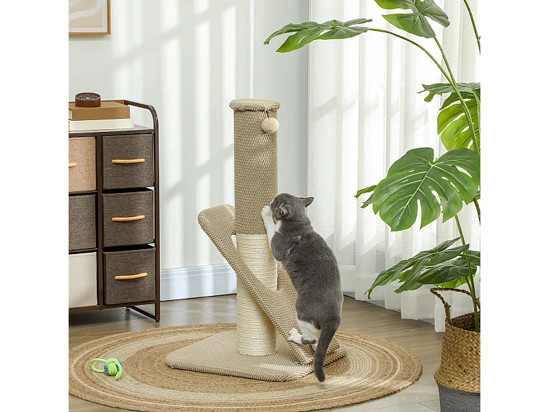 Griffoir chat taille M - Poteau à griffer H.84 cm, jeu boule - sisal naturel revêtement patchwork grain d'ananas beige