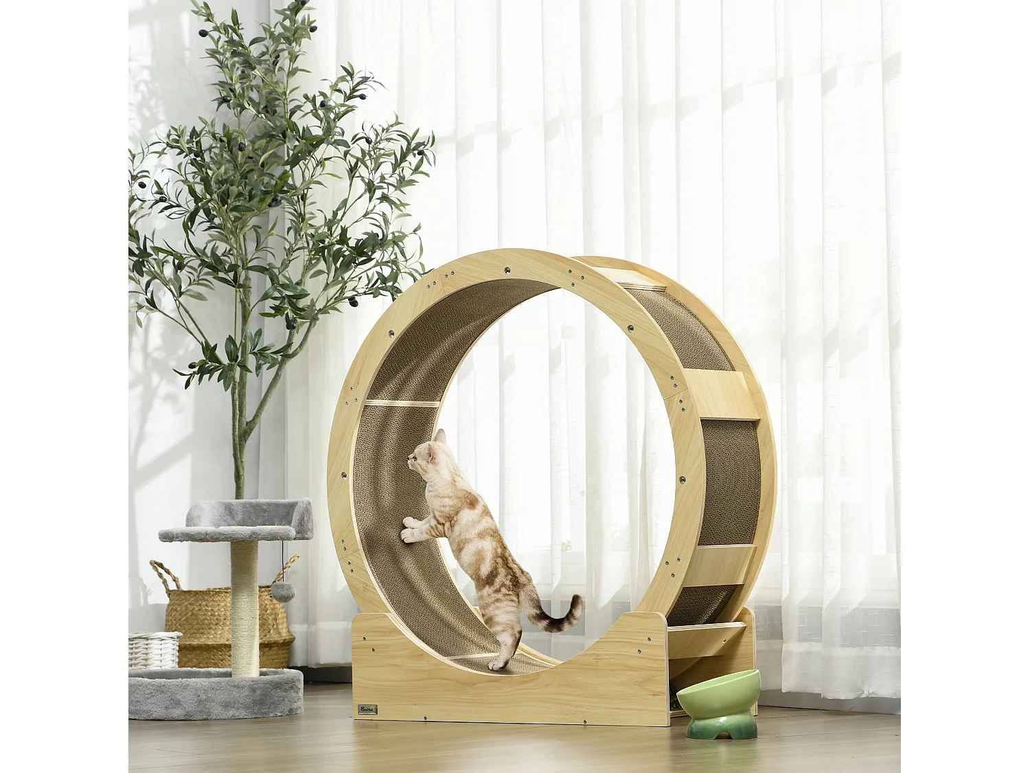 Roue d'exercice pour chat - frein, grattoirs - dim. 91L x 33,5P x 94H cm - aspect bois naturel