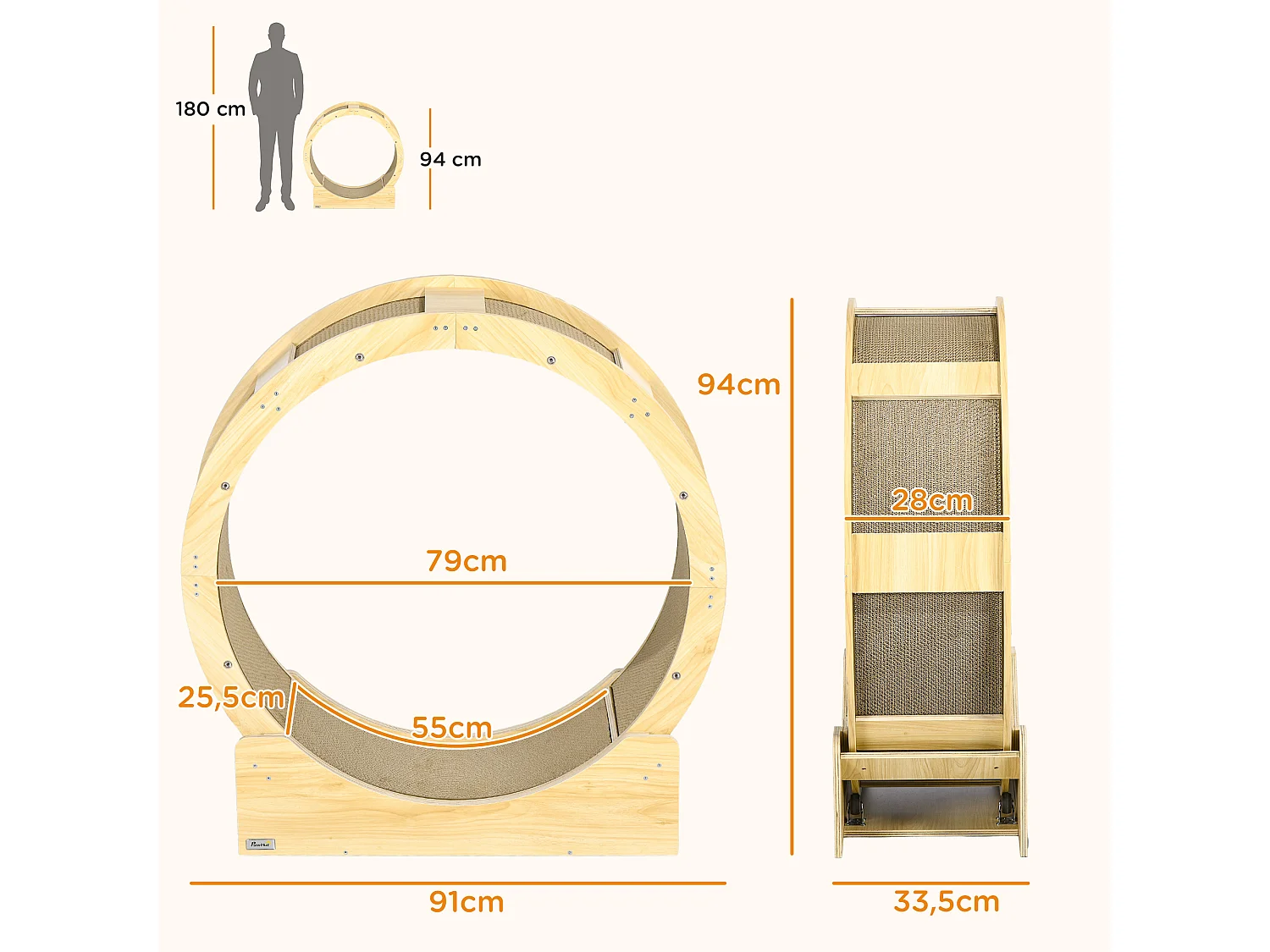 Roue d'exercice pour chat - frein, grattoirs - dim. 91L x 33,5P x 94H cm - aspect bois naturel
