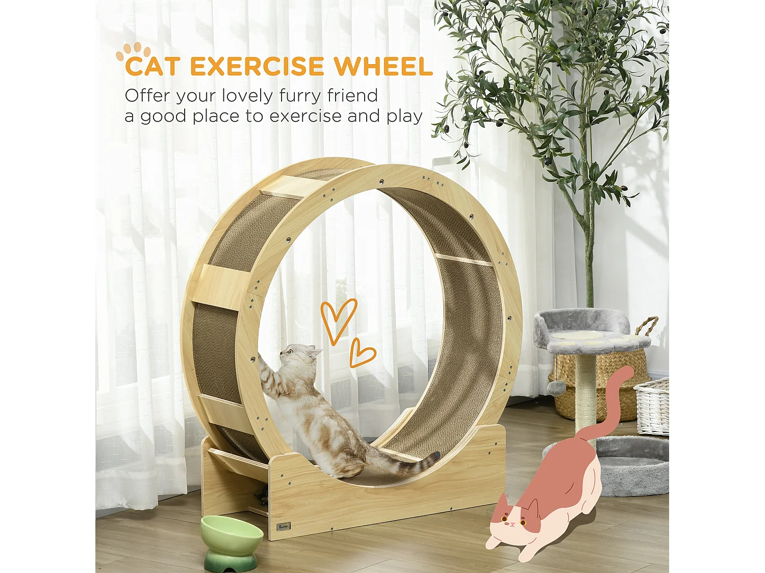 Roue d'exercice pour chat - frein, grattoirs - dim. 91L x 33,5P x 94H cm - aspect bois naturel