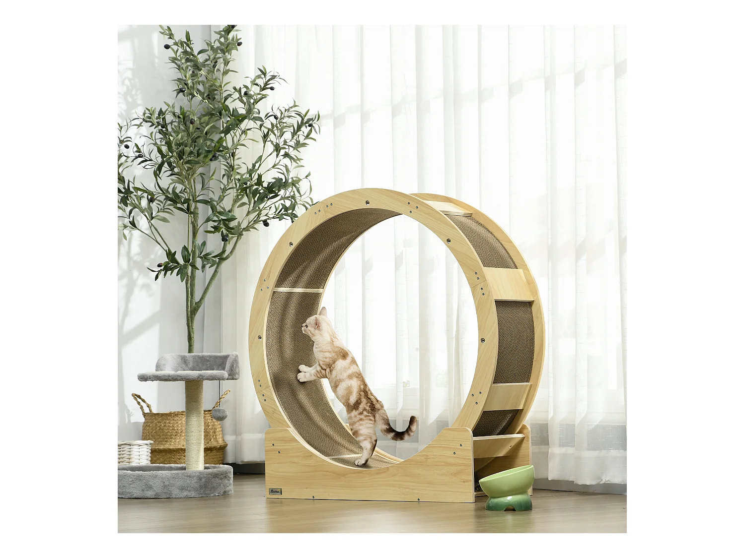 Roue d'exercice pour chat - frein, grattoirs - dim. 91L x 33,5P x 94H cm - aspect bois naturel