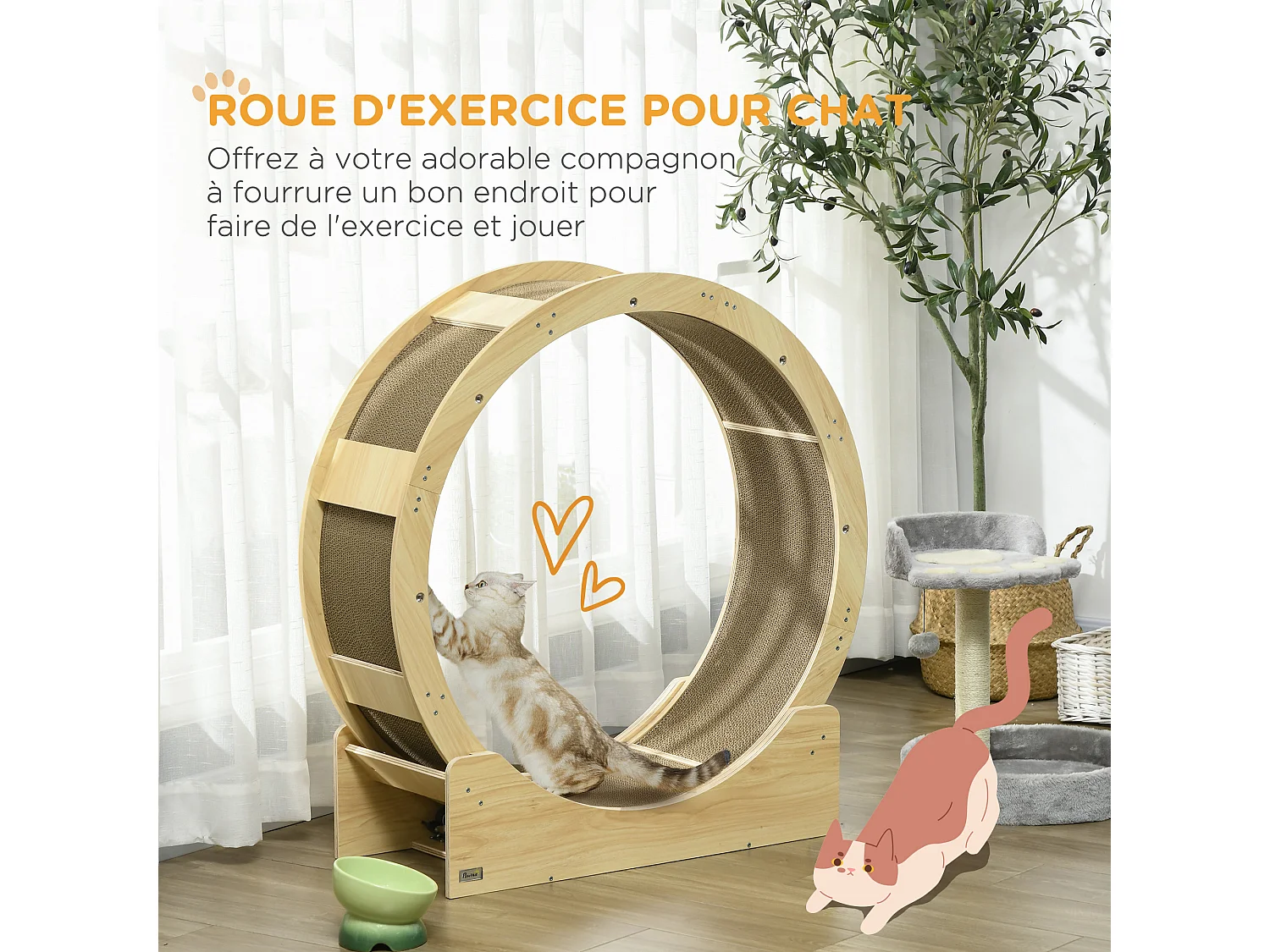 Roue d'exercice pour chat - frein, grattoirs - dim. 91L x 33,5P x 94H cm - aspect bois naturel