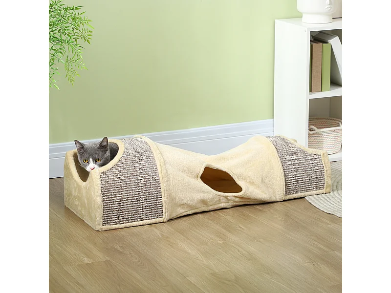Tunnel pour chat modulable - 3 portes, 2 griffoirs - sisal peluche beige