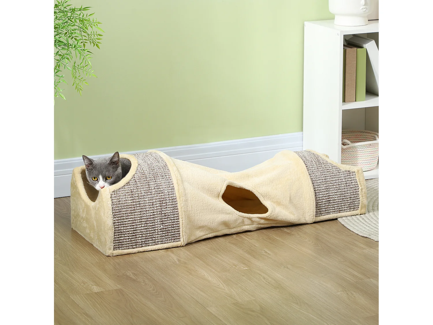 Tunnel pour chat modulable - 3 portes, 2 griffoirs - sisal peluche beige