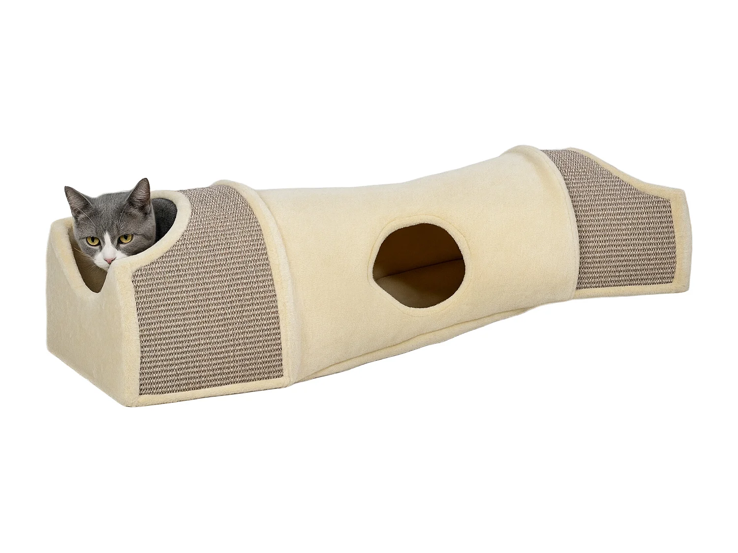 Tunnel pour chat modulable - 3 portes, 2 griffoirs - sisal peluche beige
