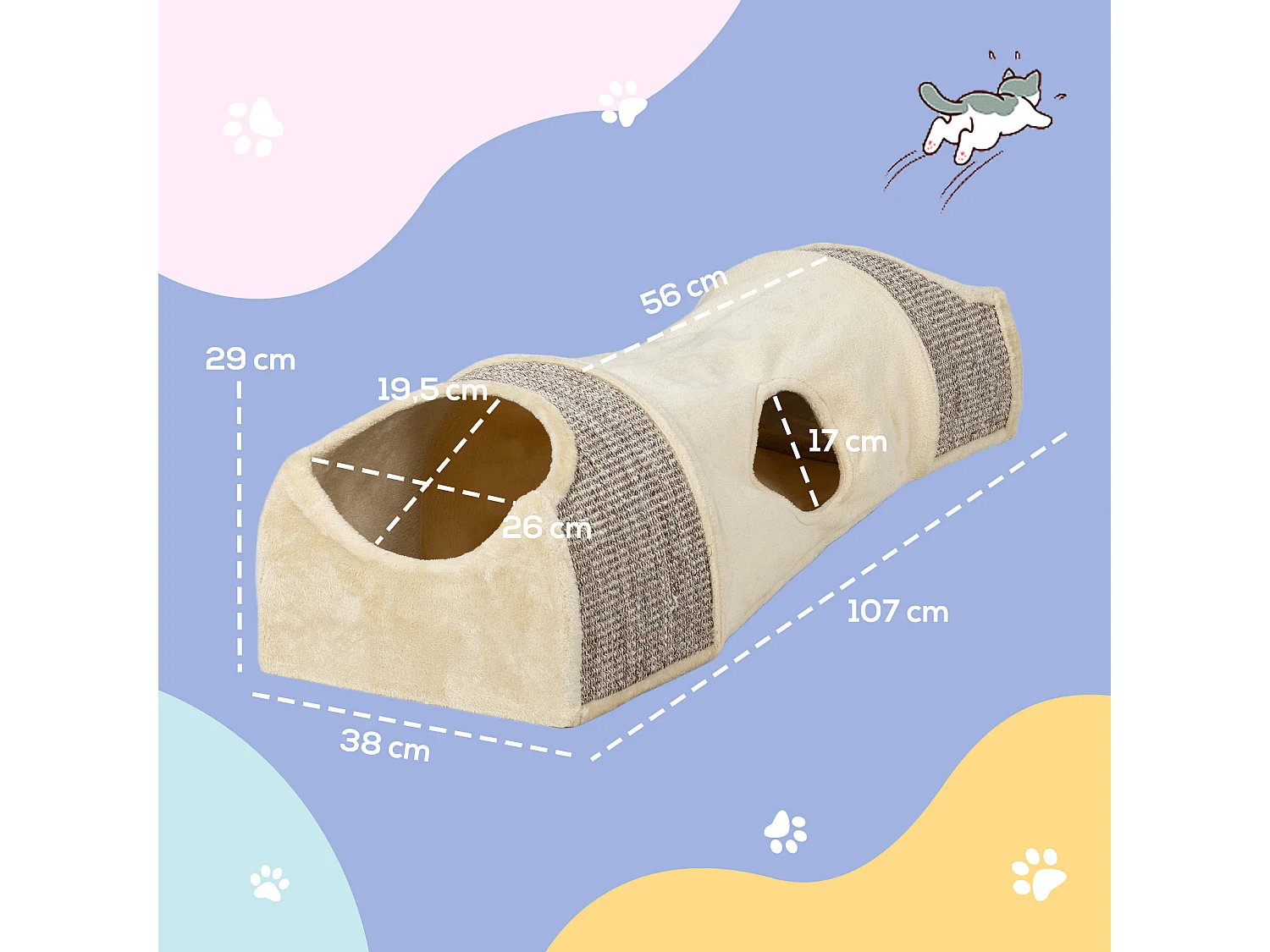 Tunnel pour chat modulable - 3 portes, 2 griffoirs - sisal peluche beige