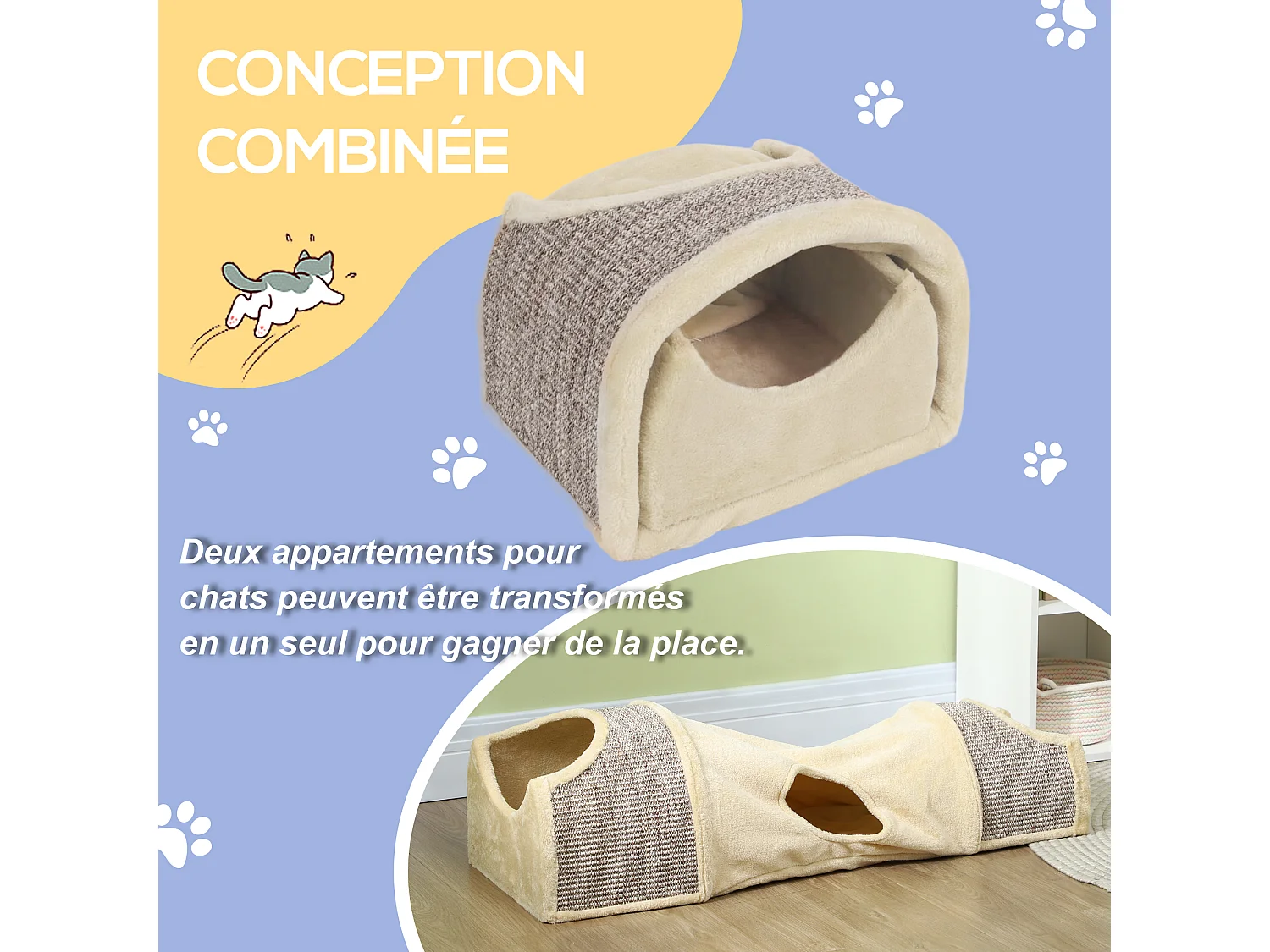 Tunnel pour chat modulable - 3 portes, 2 griffoirs - sisal peluche beige