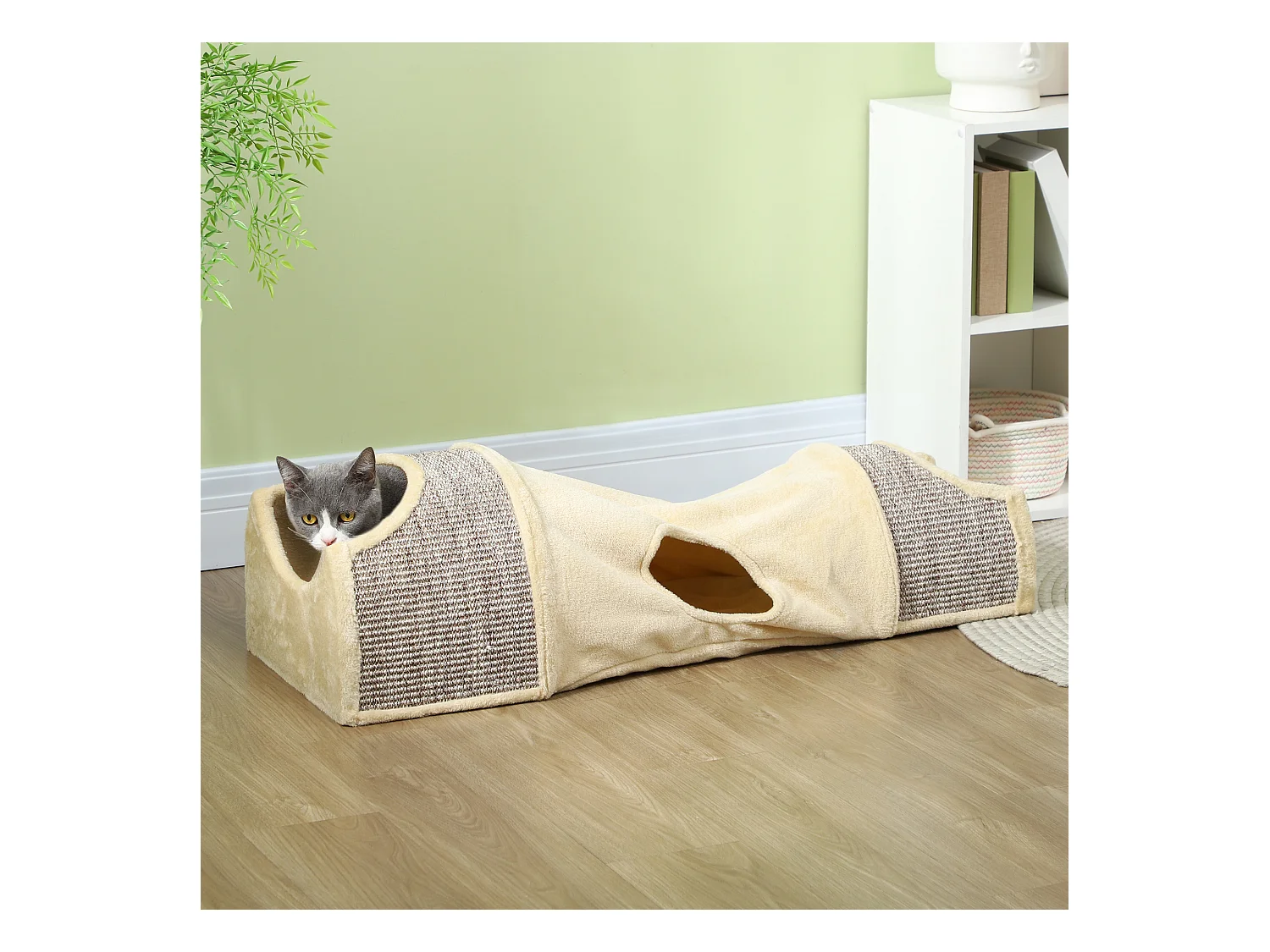 Tunnel pour chat modulable - 3 portes, 2 griffoirs - sisal peluche beige
