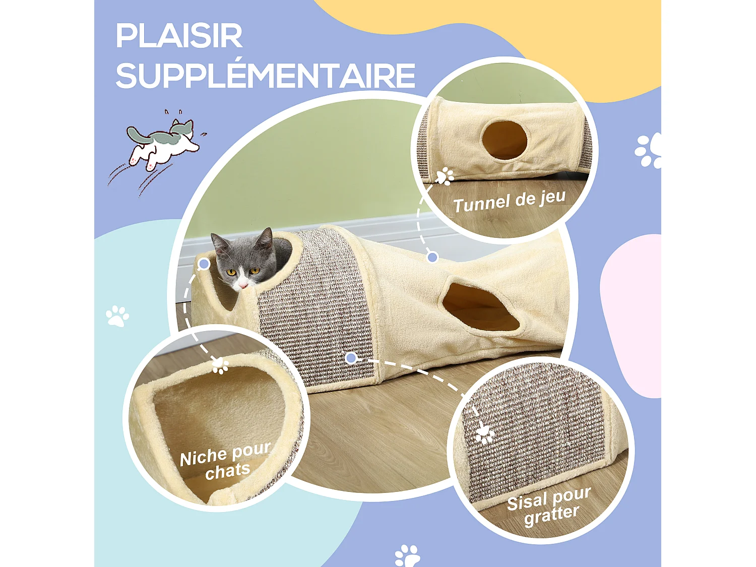 Tunnel pour chat modulable - 3 portes, 2 griffoirs - sisal peluche beige