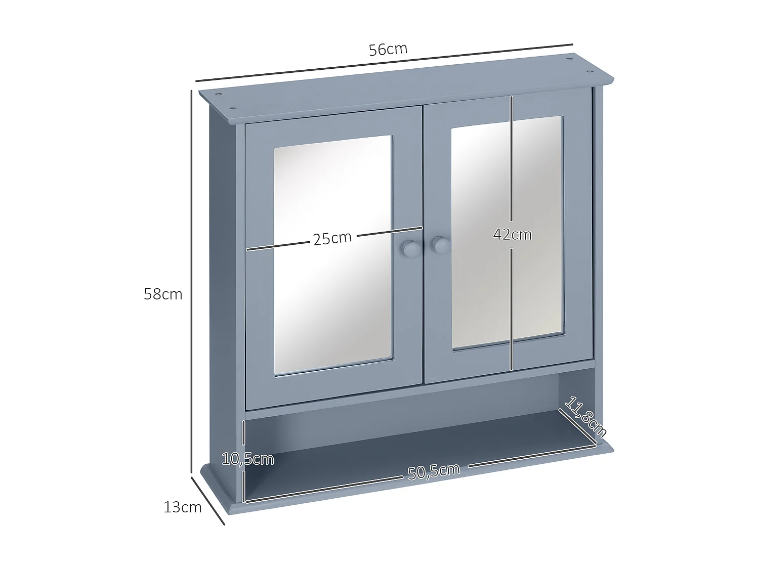 Armoire murale étagère salle de bain 56L x 13l x 58H cm double porte miroir étagère réglable MDF gris