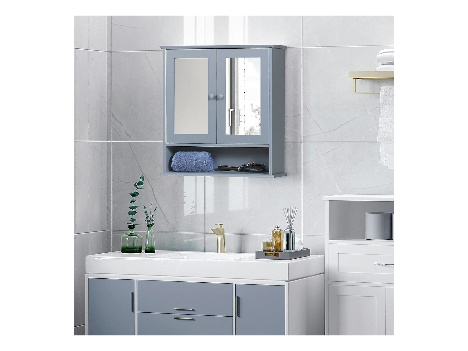 Armoire murale étagère salle de bain 56L x 13l x 58H cm double porte miroir étagère réglable MDF gris