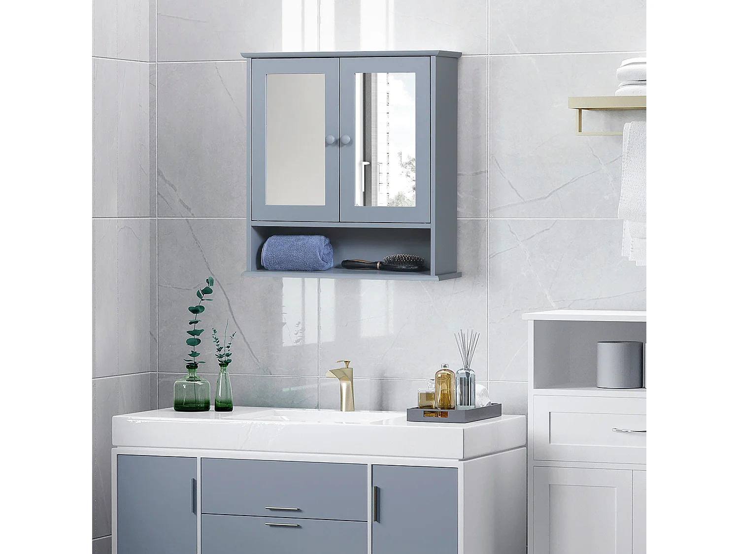 Armoire murale étagère salle de bain 56L x 13l x 58H cm double porte miroir étagère réglable MDF gris