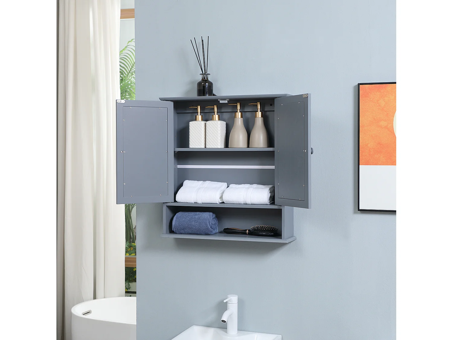 Armoire murale étagère salle de bain 56L x 13l x 58H cm double porte miroir étagère réglable MDF gris
