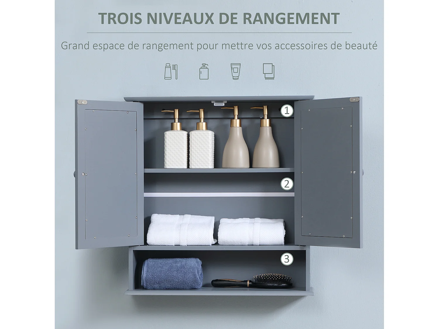 Armoire murale étagère salle de bain 56L x 13l x 58H cm double porte miroir étagère réglable MDF gris
