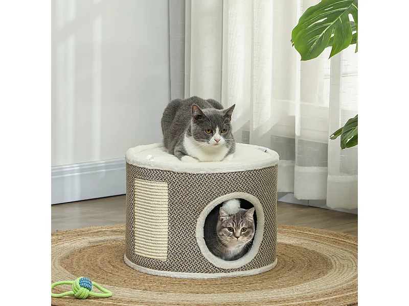 Panier niche griffoir grattoir 4 en 1 - 2 coussins, pompon - sisal naturel peluche crème café