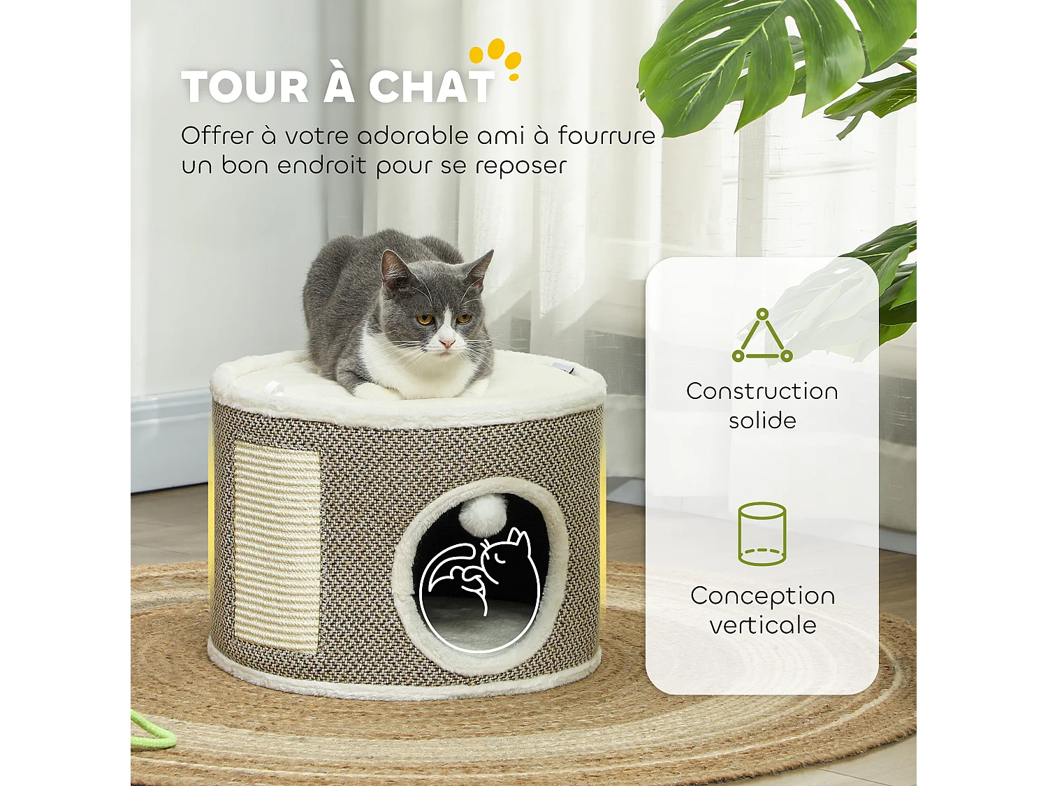 Panier niche griffoir grattoir 4 en 1 - 2 coussins, pompon - sisal naturel peluche crème café