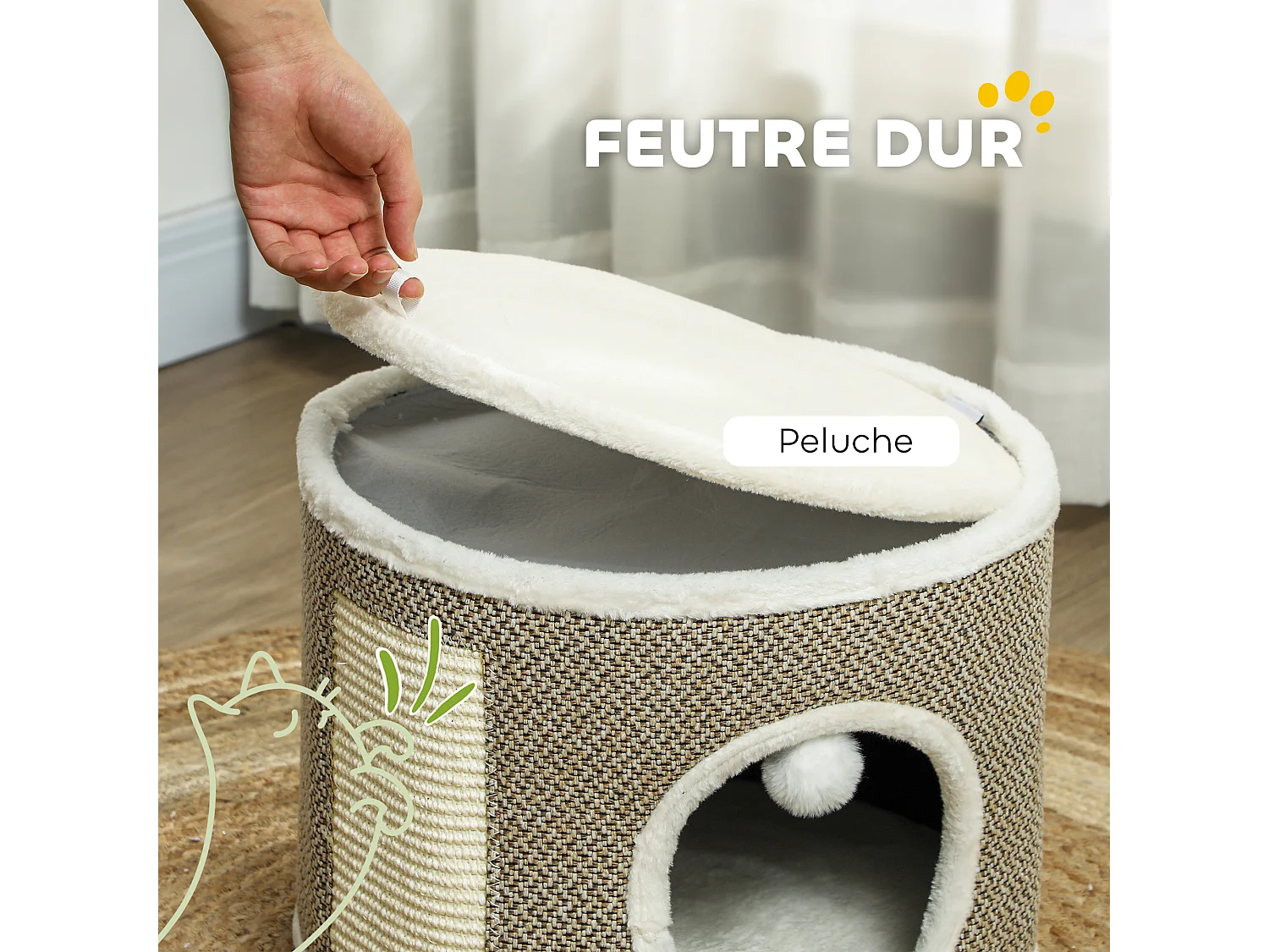 Panier niche griffoir grattoir 4 en 1 - 2 coussins, pompon - sisal naturel peluche crème café