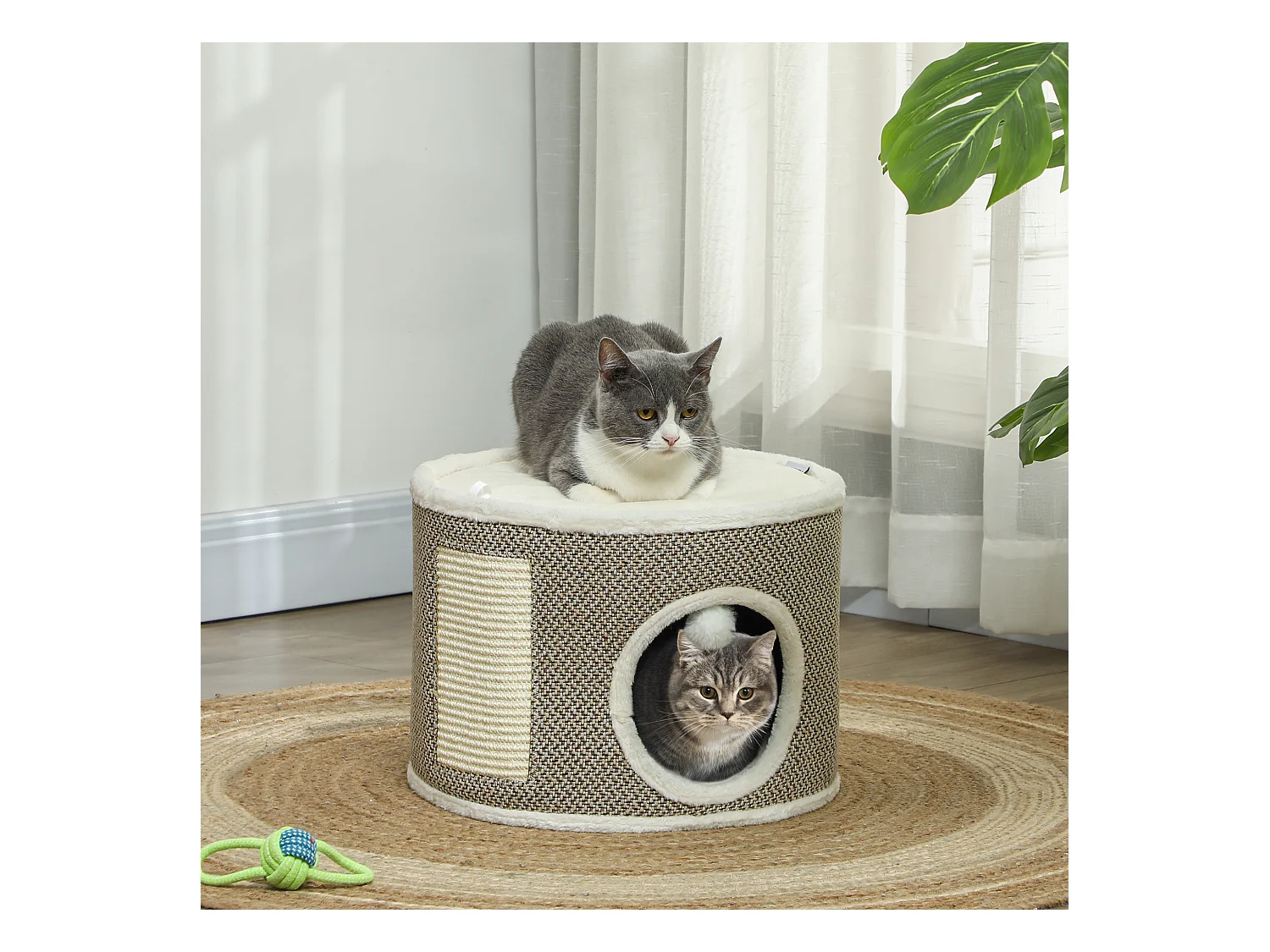 Panier niche griffoir grattoir 4 en 1 - 2 coussins, pompon - sisal naturel peluche crème café