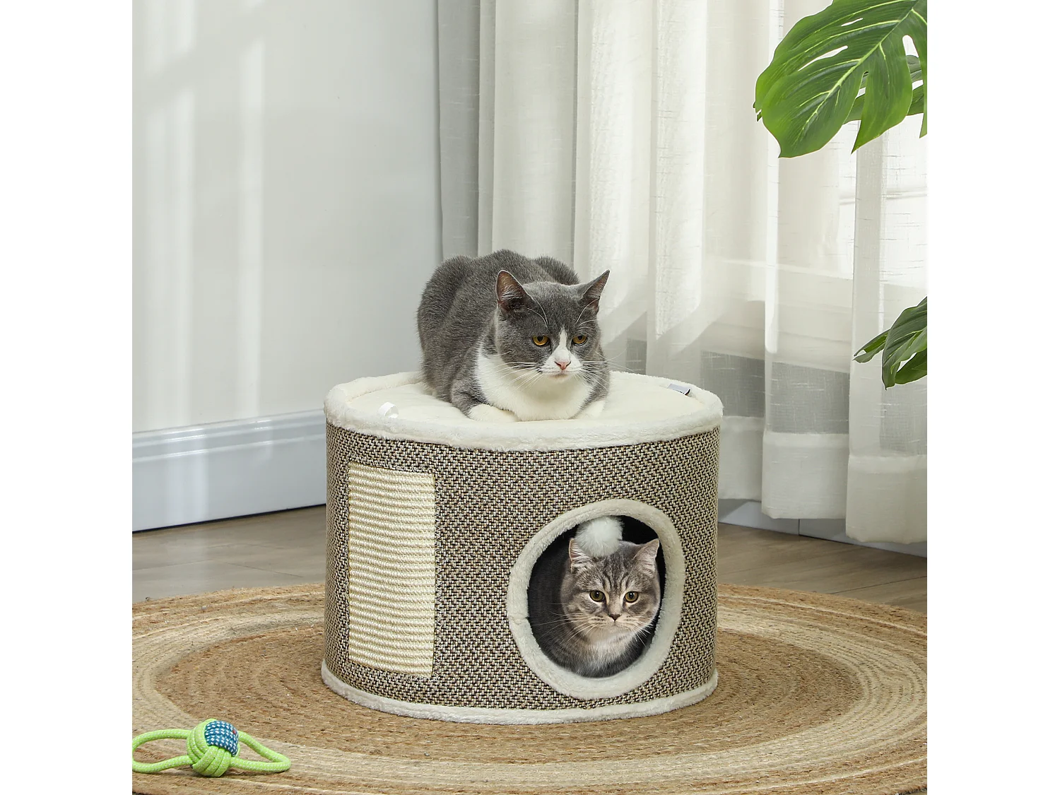 Panier niche griffoir grattoir 4 en 1 - 2 coussins, pompon - sisal naturel peluche crème café