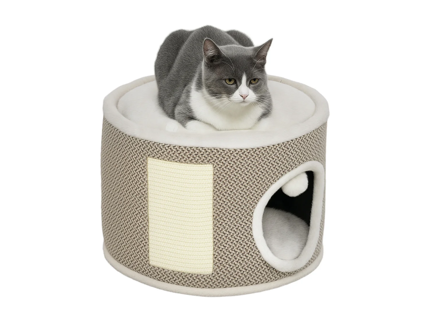 Panier niche griffoir grattoir 4 en 1 - 2 coussins, pompon - sisal naturel peluche crème café