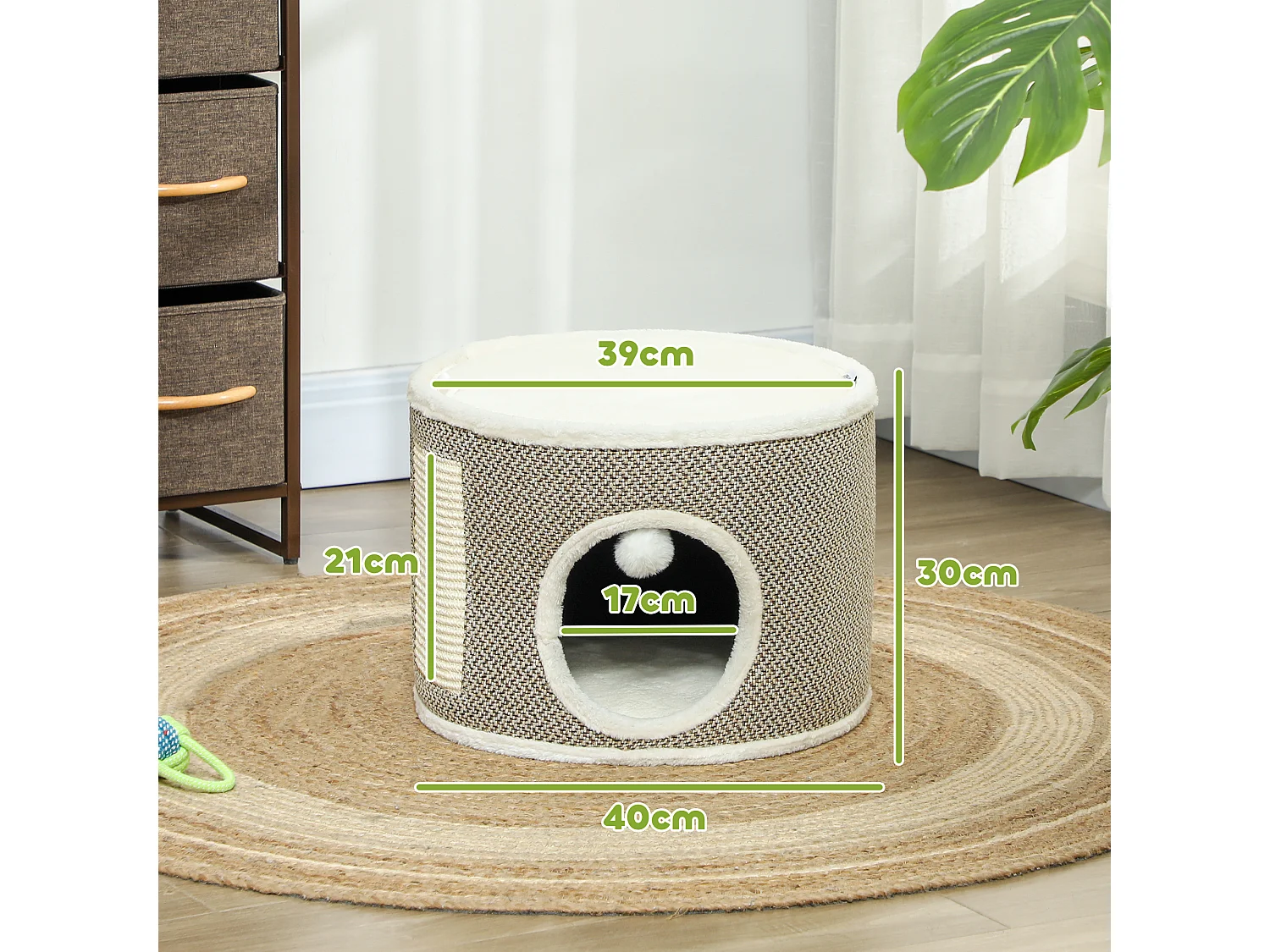 Panier niche griffoir grattoir 4 en 1 - 2 coussins, pompon - sisal naturel peluche crème café