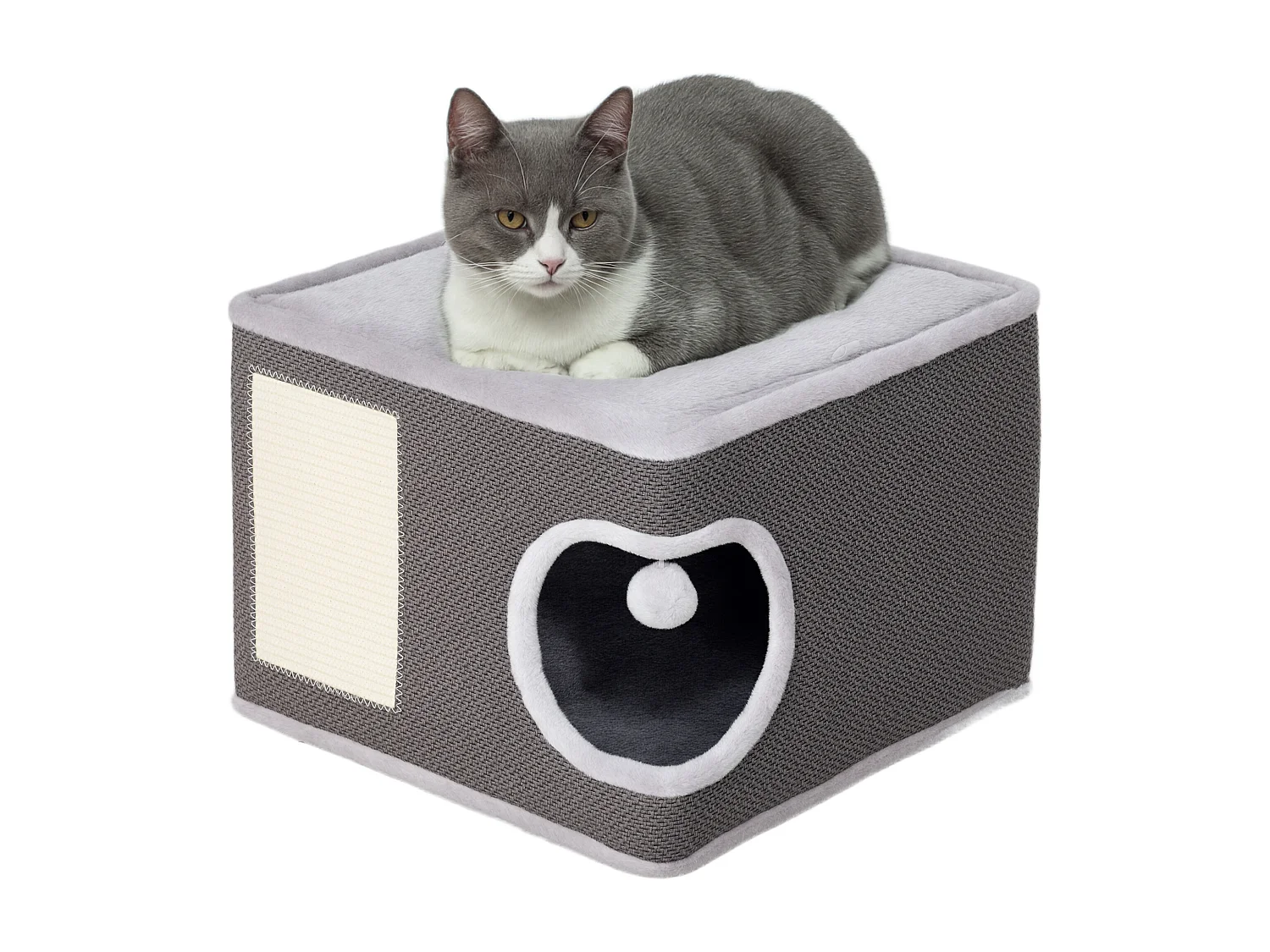 Panier niche griffoir grattoir 4 en 1 - 2 coussins, pompon - sisal naturel peluche gris