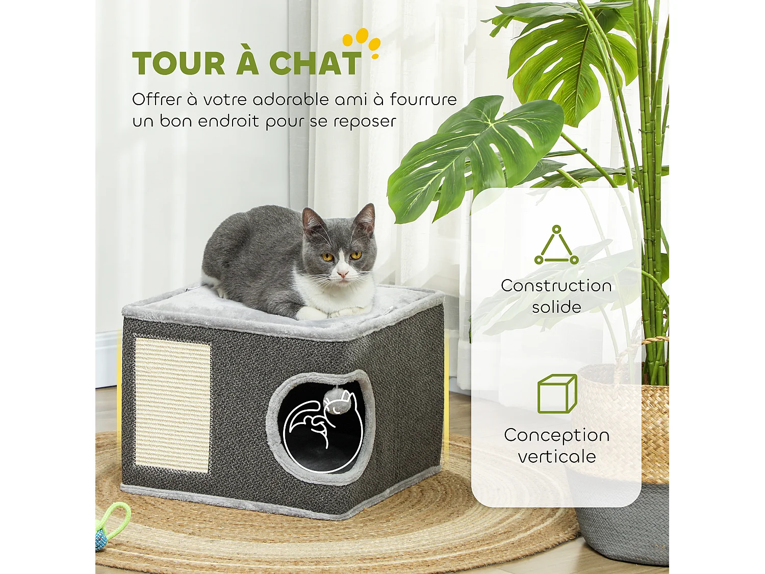 Panier niche griffoir grattoir 4 en 1 - 2 coussins, pompon - sisal naturel peluche gris