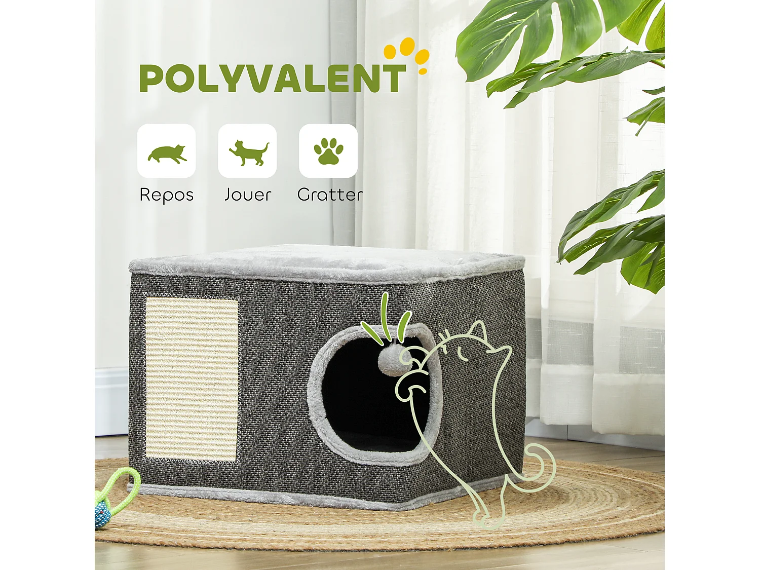 Panier niche griffoir grattoir 4 en 1 - 2 coussins, pompon - sisal naturel peluche gris