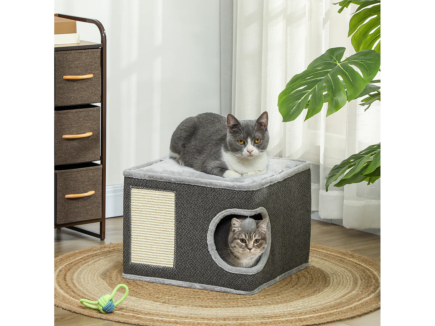 Panier niche griffoir grattoir 4 en 1 - 2 coussins, pompon - sisal naturel peluche gris