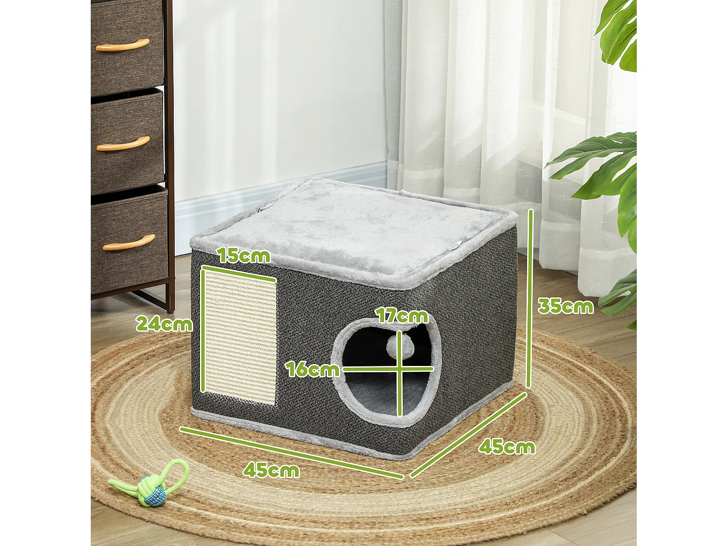 Panier niche griffoir grattoir 4 en 1 - 2 coussins, pompon - sisal naturel peluche gris