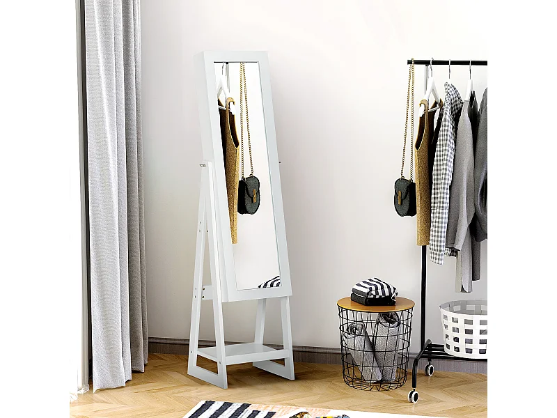 Armoire à bijoux multi-rangement avec miroir LED dim. 40L x 37l x 161H cm MDF blanc
