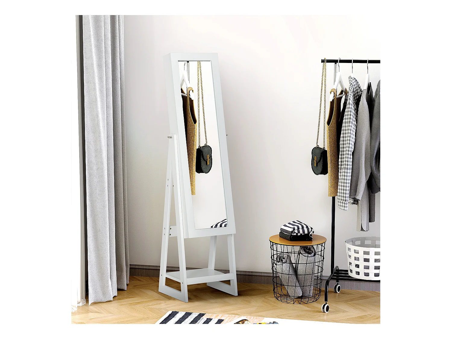 Armoire à bijoux multi-rangement avec miroir LED dim. 40L x 37l x 161H cm MDF blanc