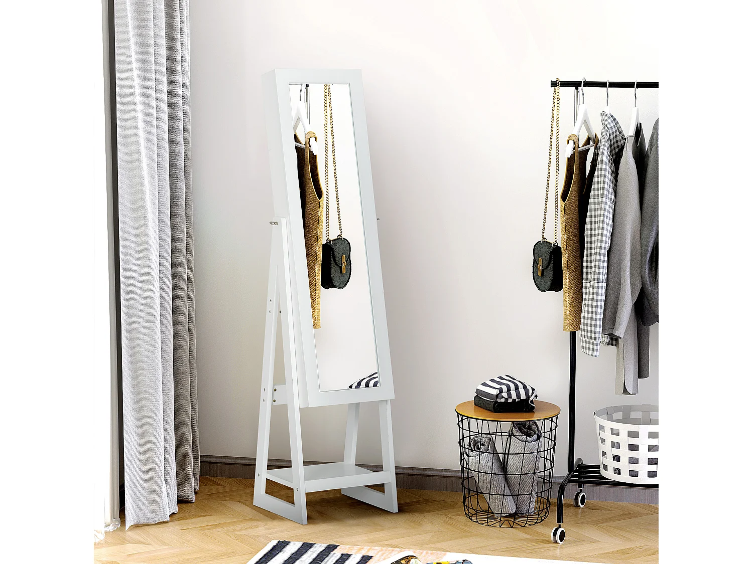 Armoire à bijoux multi-rangement avec miroir LED dim. 40L x 37l x 161H cm MDF blanc