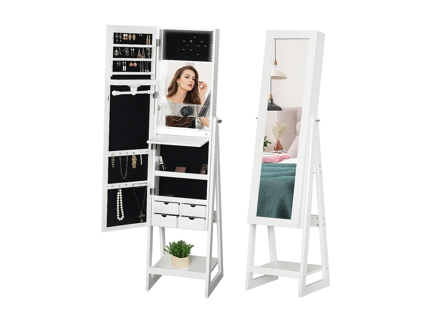 Armoire à bijoux multi-rangement avec miroir LED dim. 40L x 37l x 161H cm MDF blanc