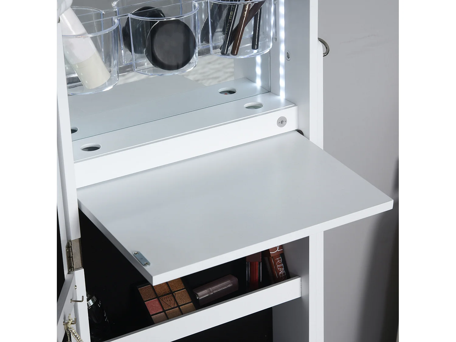 Armoire à bijoux multi-rangement avec miroir LED dim. 40L x 37l x 161H cm MDF blanc