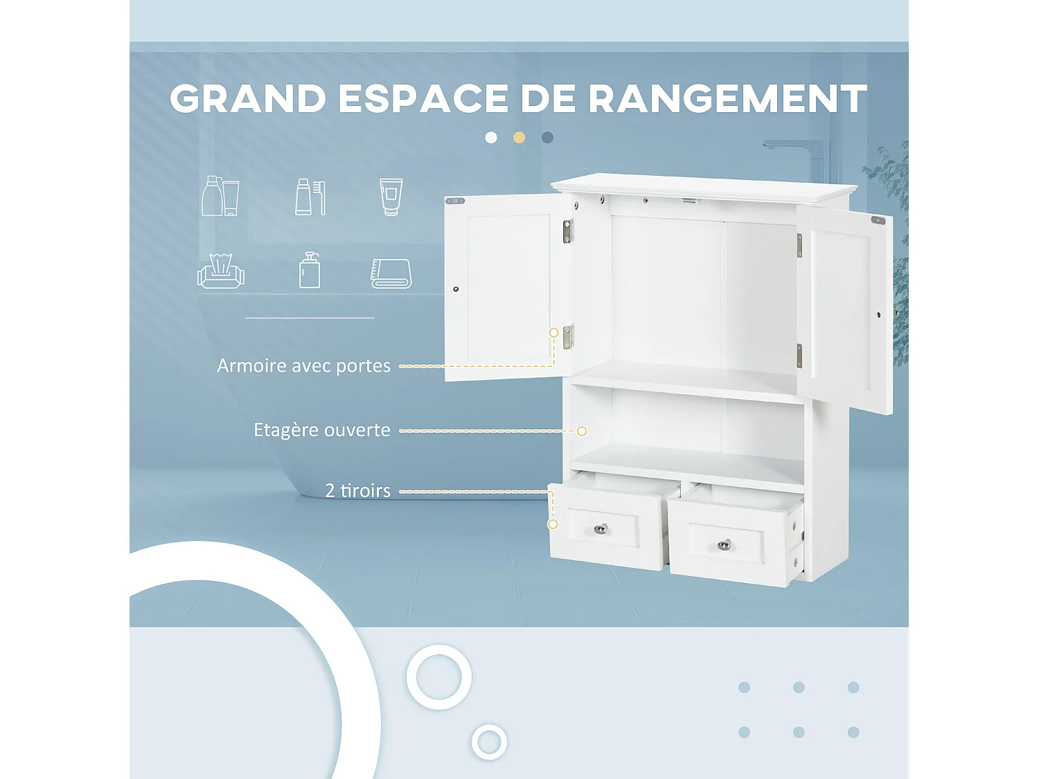Armoire murale de salle de bain - 2 portes, 2 tiroirs, niche - MDF blanc