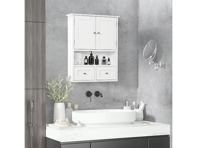 Armoire murale de salle de bain - 2 portes, 2 tiroirs, niche - MDF blanc