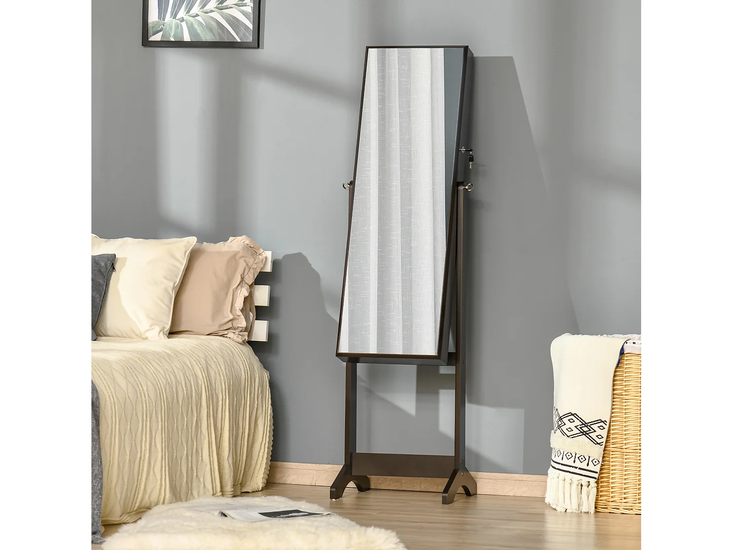 Armoire à bijoux avec miroir à pied multi-rangement inclinaison réglable serrure dim. 46L x 36,5l x 151,5H cm MDF brun