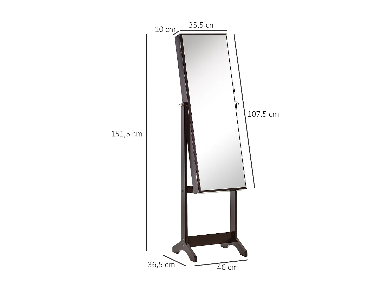 Armoire à bijoux avec miroir à pied multi-rangement inclinaison réglable serrure dim. 46L x 36,5l x 151,5H cm MDF brun
