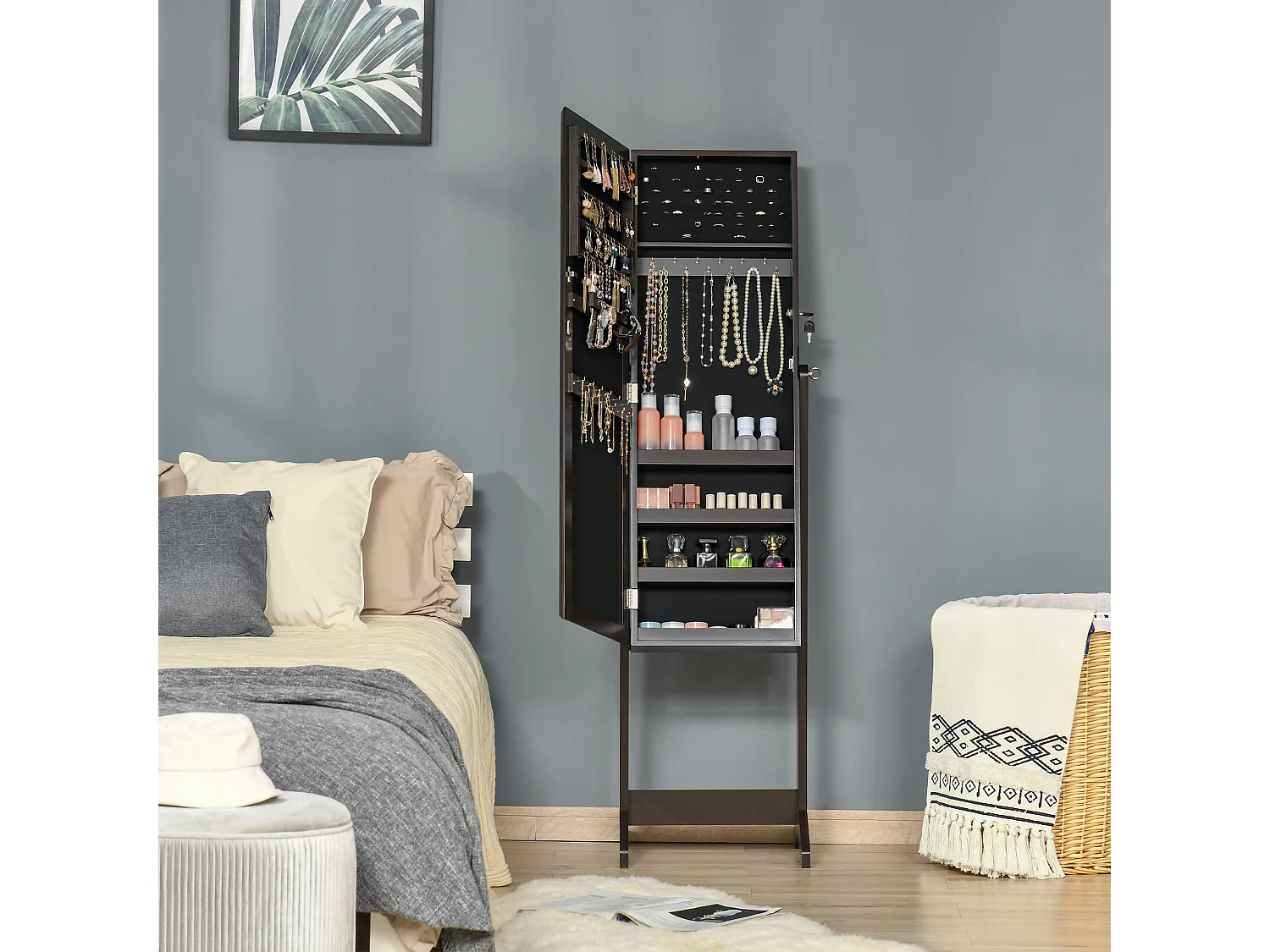 Armoire à bijoux avec miroir à pied multi-rangement inclinaison réglable serrure dim. 46L x 36,5l x 151,5H cm MDF brun
