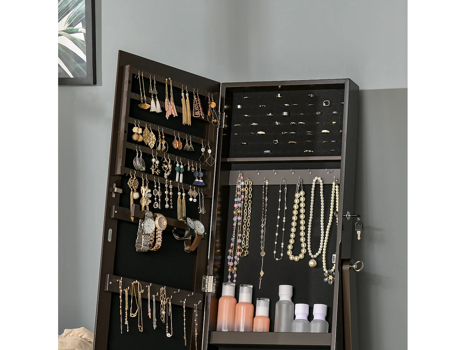 Armoire à bijoux avec miroir à pied multi-rangement inclinaison réglable serrure dim. 46L x 36,5l x 151,5H cm MDF brun