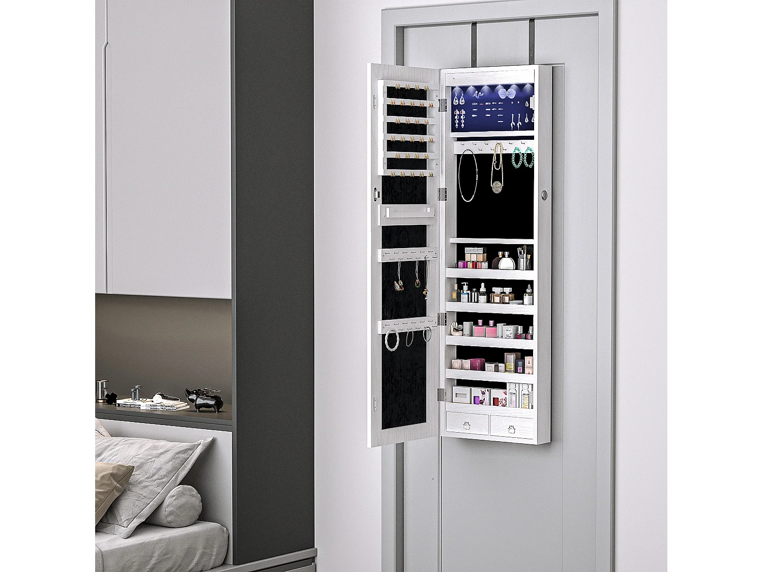 Armoire à bijoux miroir à suspendre 2 en 1 - éclairage LED intérieur, verrouillable, multi-rangement - blanc