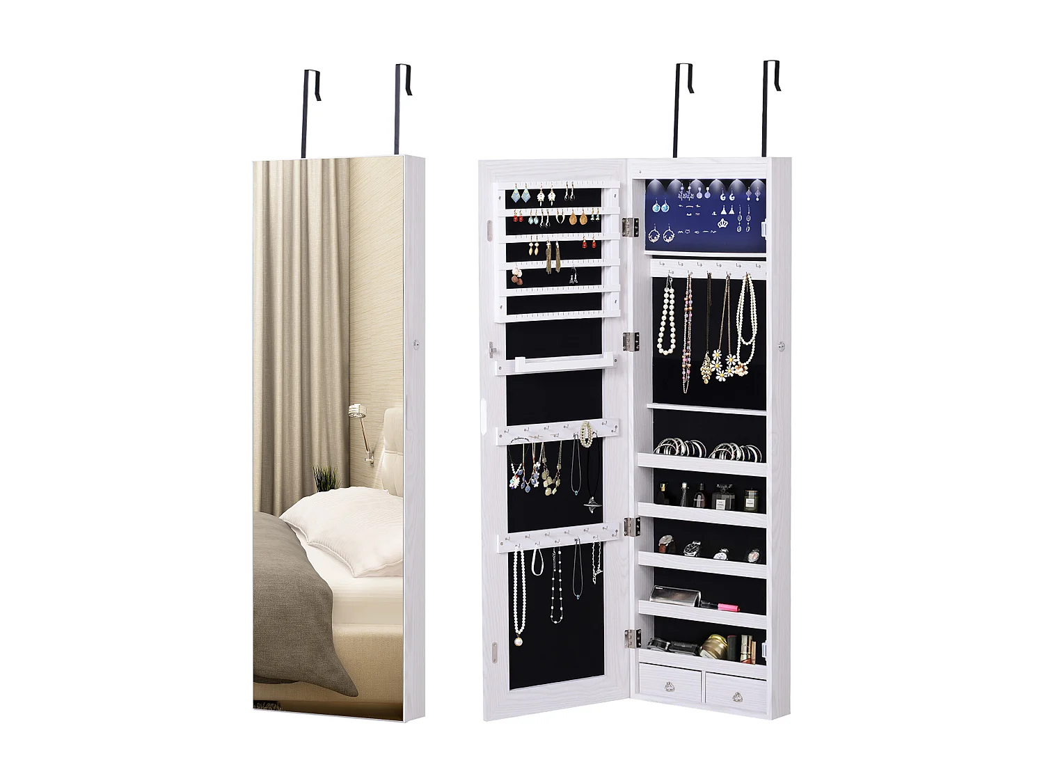 Armoire à bijoux miroir à suspendre 2 en 1 - éclairage LED intérieur, verrouillable, multi-rangement - blanc