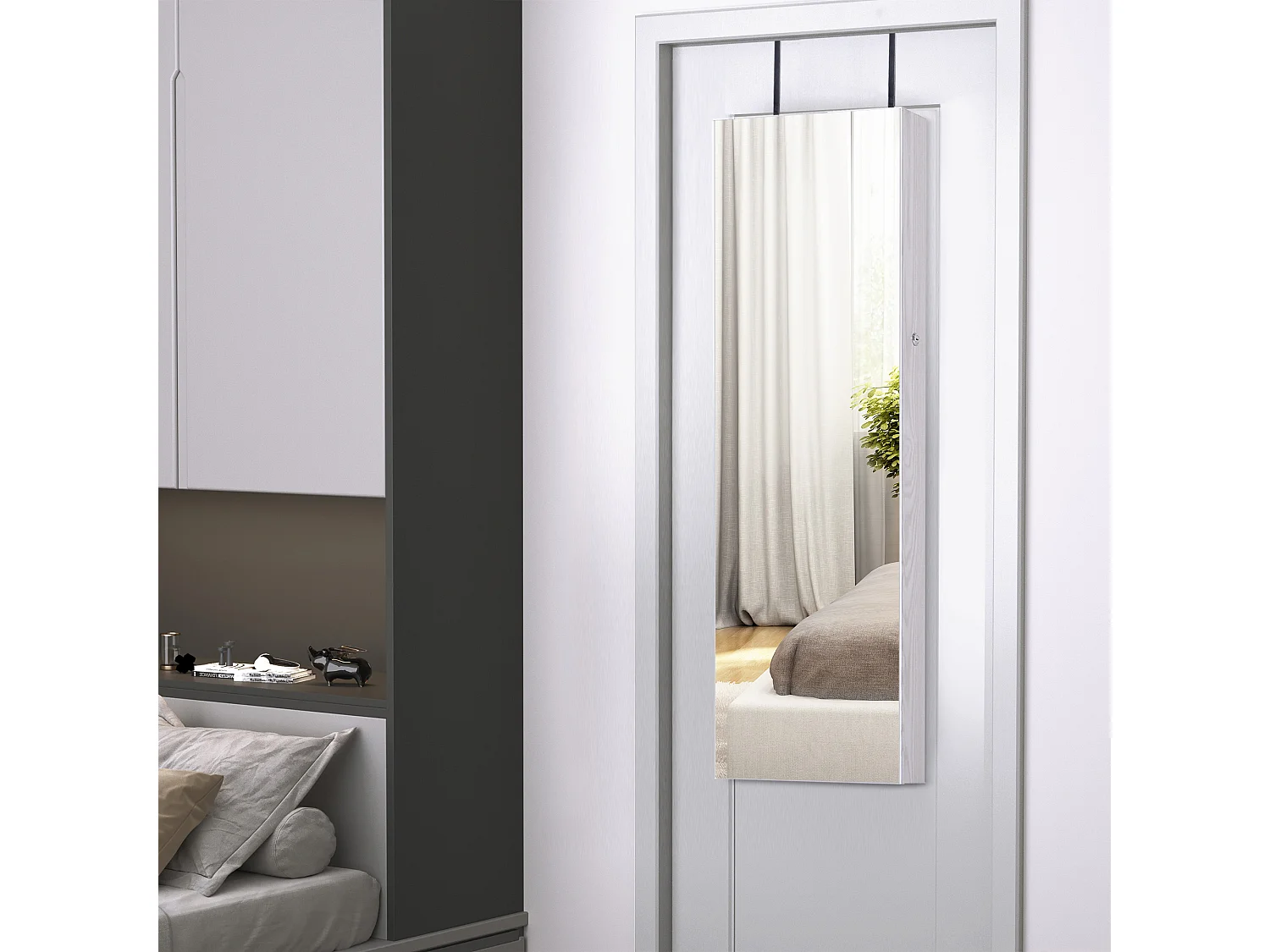 Armoire à bijoux miroir à suspendre 2 en 1 - éclairage LED intérieur, verrouillable, multi-rangement - blanc