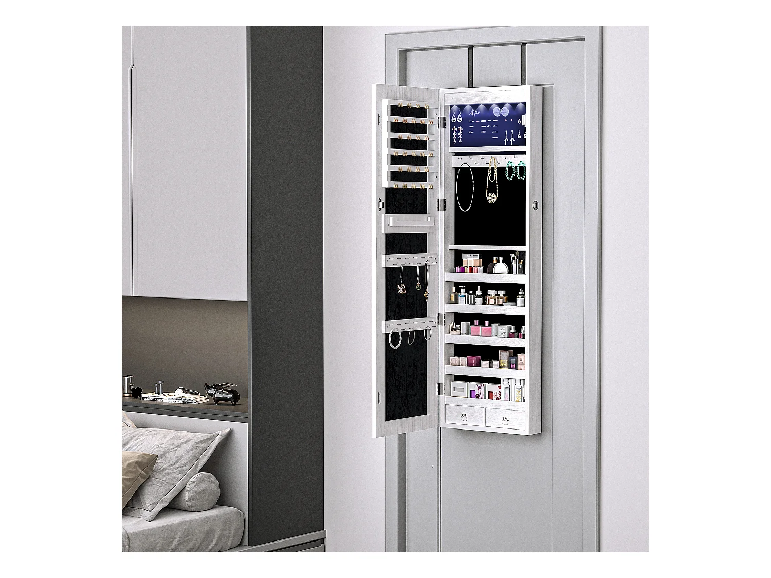 Armoire à bijoux miroir à suspendre 2 en 1 - éclairage LED intérieur, verrouillable, multi-rangement - blanc