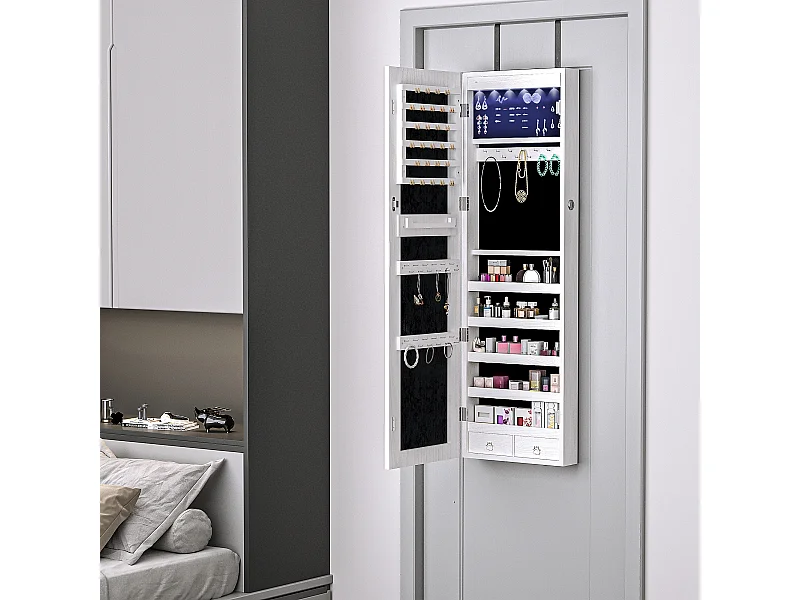 Armoire à bijoux miroir à suspendre 2 en 1 - éclairage LED intérieur, verrouillable, multi-rangement - blanc