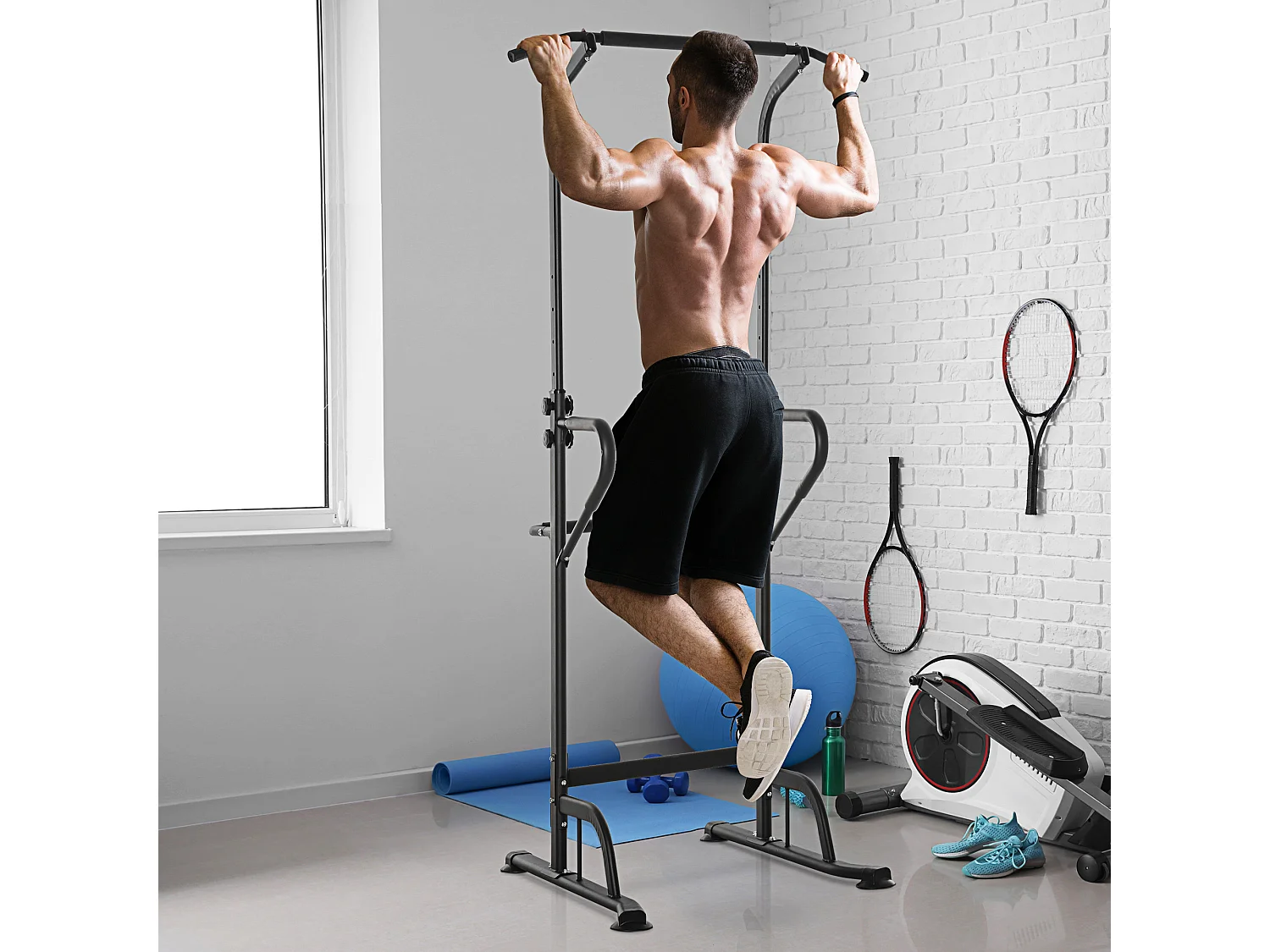 Station de musculation multifonction barre de traction chaise romaine réglable acier noir